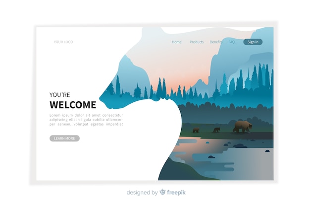 Plantilla de landing page de bienvenida con paisaje