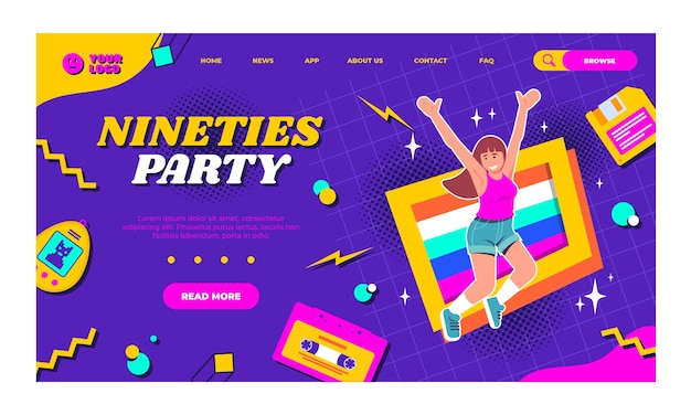 Vector gratuito plantilla de landing page de fiesta de los 90 dibujada a mano