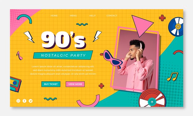 Plantilla de landing page de fiesta de los 90 de diseño plano