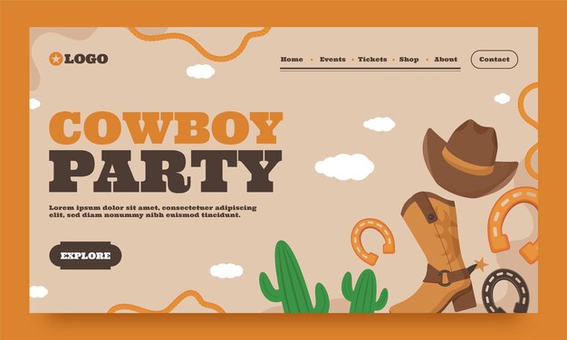 Plantilla de landing page de fiesta de vaqueros dibujada a mano