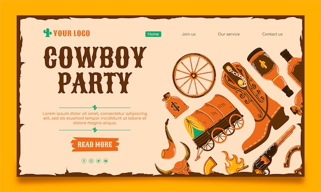 Plantilla de landing page de fiesta de vaqueros dibujada a mano