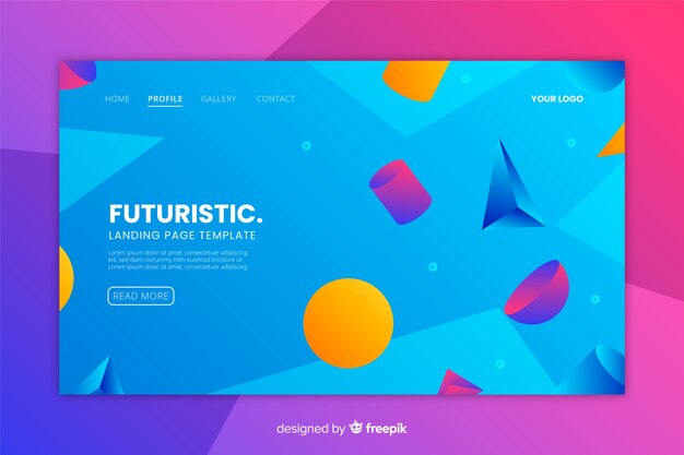 Plantilla de landing page con formas geométricas en 3d