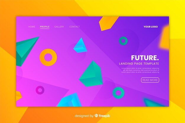 Plantilla de landing page con formas geométricas en 3d