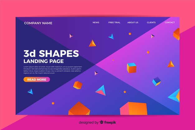 Plantilla de landing page con formas tridimensionales
