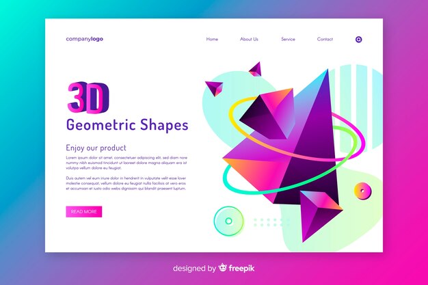Plantilla de landing page con formas tridimensionales