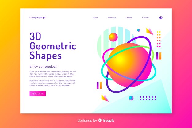 Plantilla de landing page con formas tridimensionales