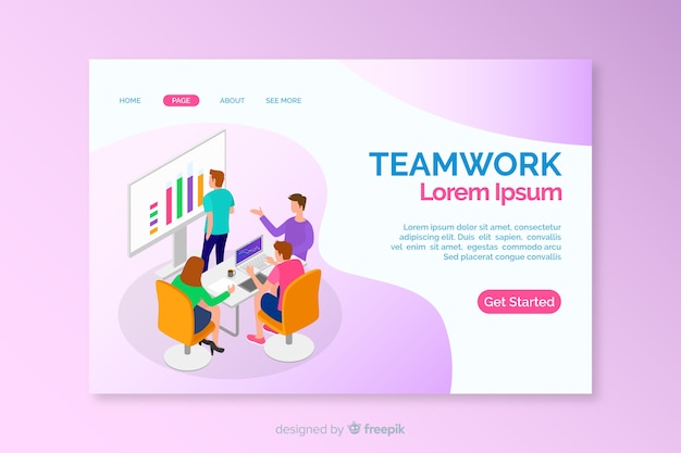 Plantilla de landing page isométrica de equipo de trabajo