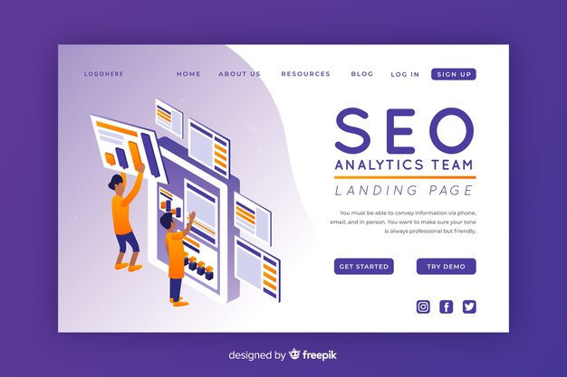 Plantilla de landing page isométrica de seo