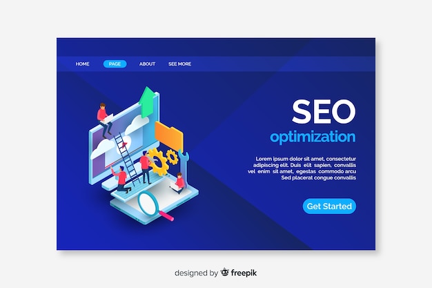 Vector gratuito plantilla de landing page isométrica de seo