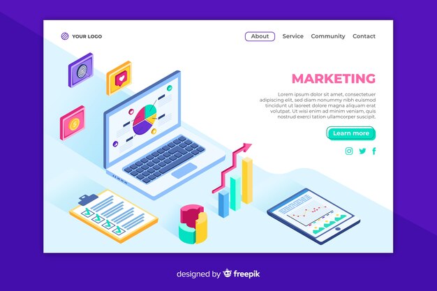 Plantilla de landing page de marketing en isométrico