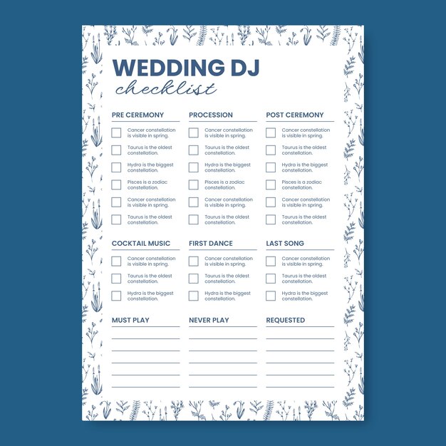 plantilla de lista de comprobación de DJ de música para bodas