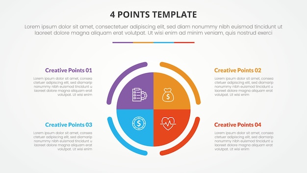 Vector gratuito plantilla de lista de etapas de 4 puntos concepto infográfico para presentación de diapositivas con gran círculo piechart centro con contorno cortado con estilo plano