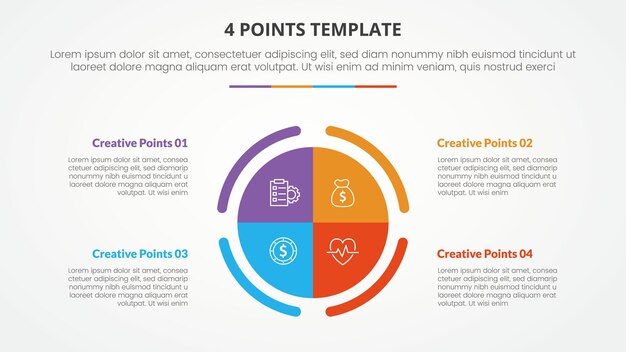 plantilla de lista de etapas de 4 puntos concepto infográfico para presentación de diapositivas con gran círculo piechart centro con contorno cortado con estilo plano