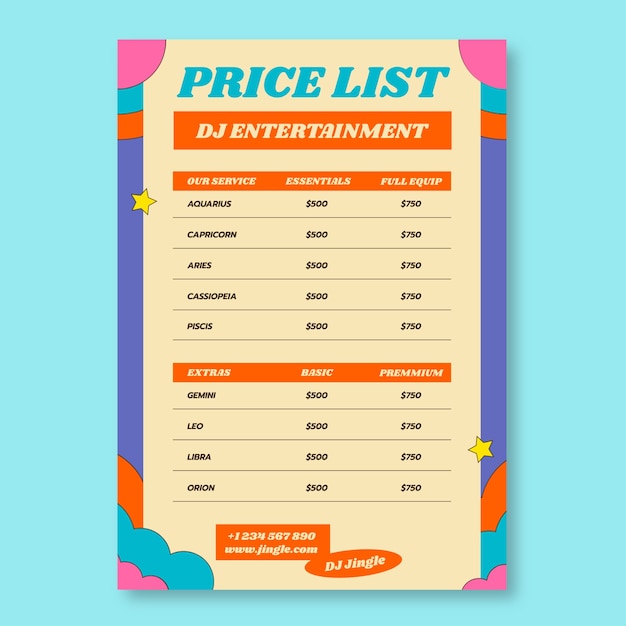 Plantilla de lista de precios de dj retro