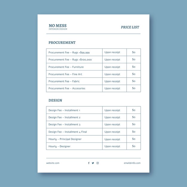 Plantilla de lista de precios elegante minimalista
