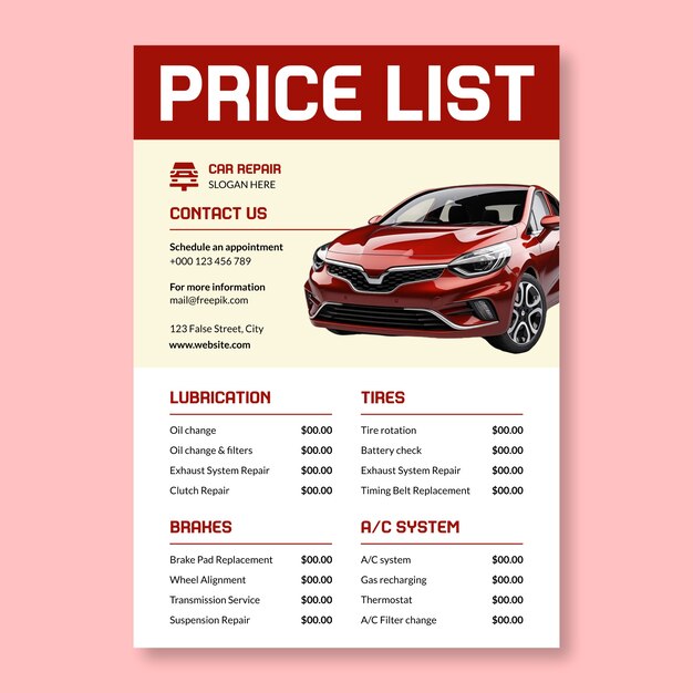 plantilla de la lista de precios de los mecánicos