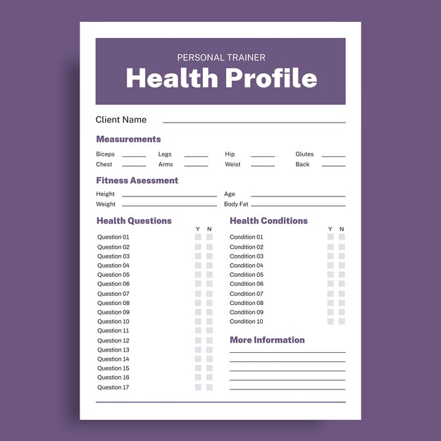 Plantilla de lista de verificación de entrenador personal del perfil de salud del cliente profesional