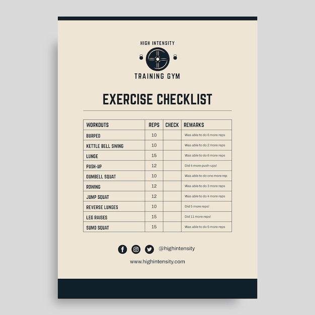 Vector gratuito plantilla de lista de verificación de gimnasio de entrenamiento