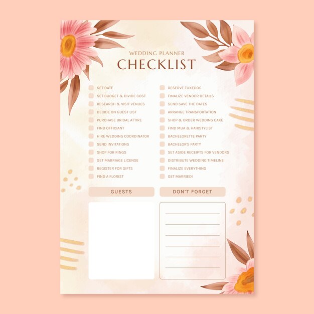 Plantilla de lista de verificación de planificación de bodas en acuarela