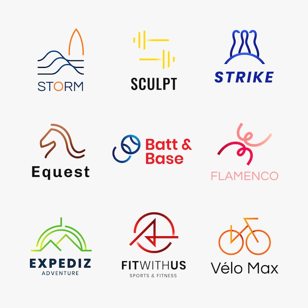 Plantilla de logotipo de empresa deportiva, conjunto de vectores de diseño degradado colorido