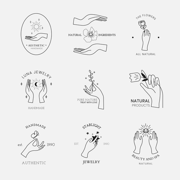 Plantilla de logotipo de mano estética, vector de conjunto de diseño mínimo editable