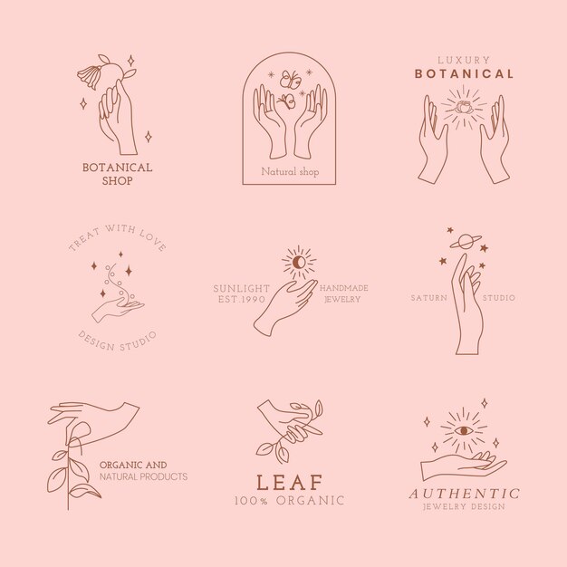 Plantilla de logotipo de mano estética, vector de conjunto de diseño rosa editable