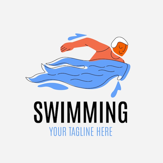 Plantilla de logotipo de natación de diseño plano dibujado a mano