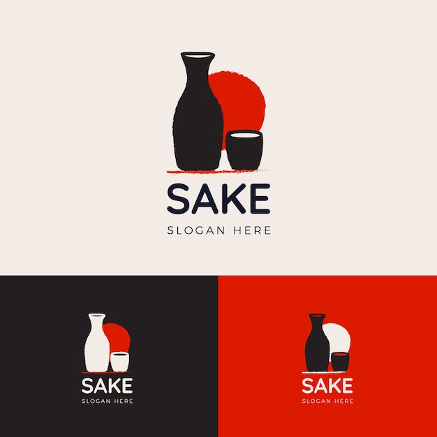 Plantilla de logotipo de sake plano plano dibujado a mano