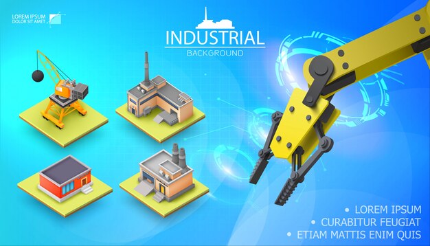 Plantilla de luz industrial moderna con brazo robótico automatizado mecánico realista y almacén de fábrica de grúas de construcción isométrica