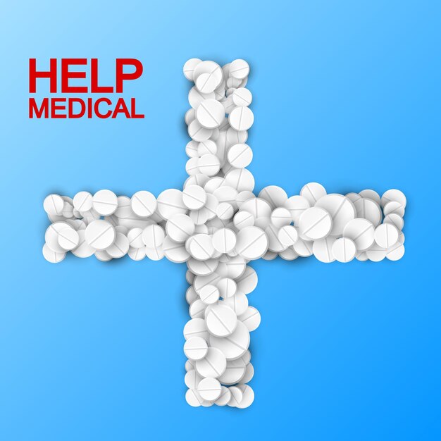 Plantilla de luz de tratamiento médico con medicamentos blancos y píldoras en forma de cruz en azul
