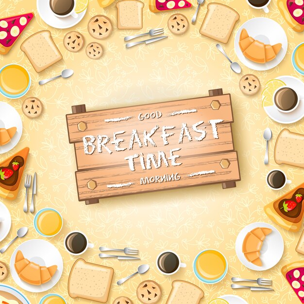 Plantilla de la mañana dulce con panqueques postres croissants miel y tazas de café para dos personas ilustración