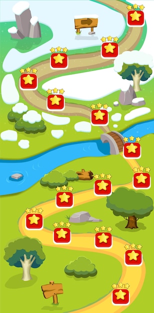Plantilla de mapa de nivel de juego de dibujos animados con marcas camino letrero puntero río paisajes de verano e invierno