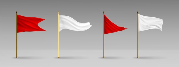 Plantilla de maqueta de vector de bandera de poste vacío 3d blanco soporte de tela realista aislado con viento de onda y pilar de metal dorado para promoción deportiva e ilustración publicitaria lienzo de banderín rojo ondeando en palo