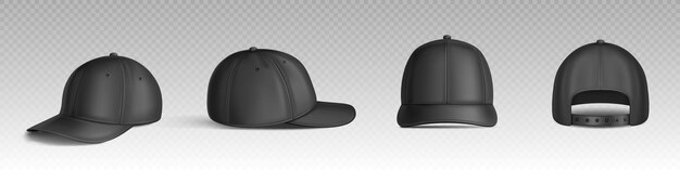 Plantilla de maqueta de vector de gorra de béisbol aislada negra Sombrero realista 3d con visera hombres deporte ropa diseño maqueta icono Cuero corporativo vacío o tocado de algodón desgaste modelo diseño paquete de imágenes prediseñadas