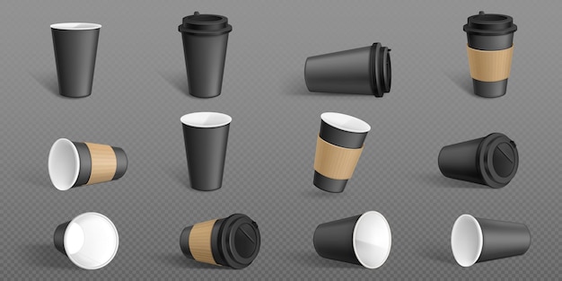 Vector gratuito plantilla de maqueta vectorial de taza de café de papel negro 3d aislada taza para llevar para bebida de café con leche caliente con tapa y diseño de soporte de manga marrón contenedor de cartón de capuchino realista dentro de la vista frontal