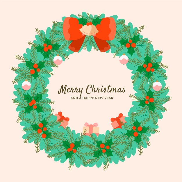 Plantilla de marco de corona de navidad plana dibujada a mano