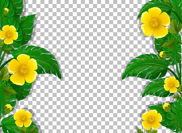Plantilla de marco de flores y hojas amarillas sobre fondo transparente