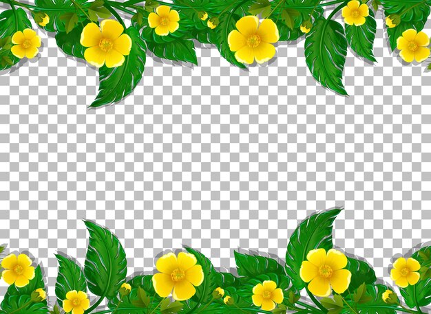 Plantilla de marco de flores y hojas amarillas sobre fondo transparente