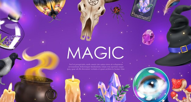 Plantilla de marco horizontal con objetos ocultos mágicos realistas en ilustración de vector de fondo brillante de color