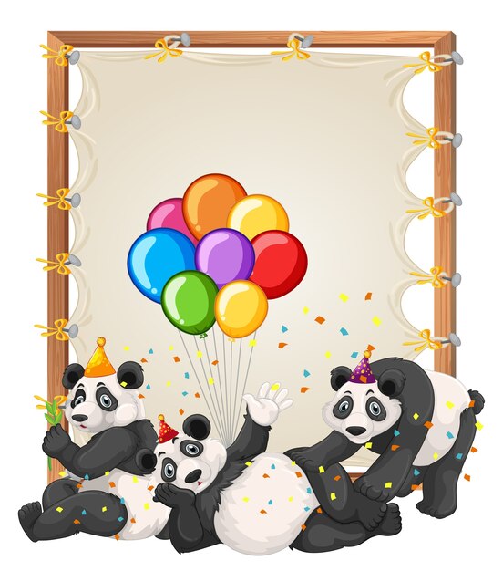 Plantilla de marco de madera de lona con pandas en tema de fiesta aislado