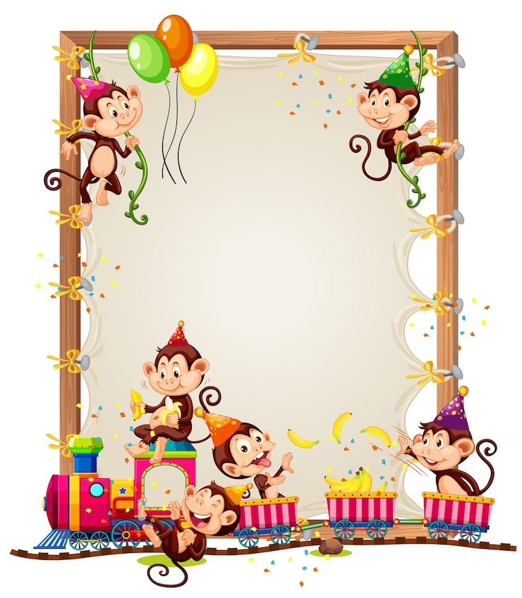 Vector gratuito plantilla de marco de madera con monos en tema de fiesta
