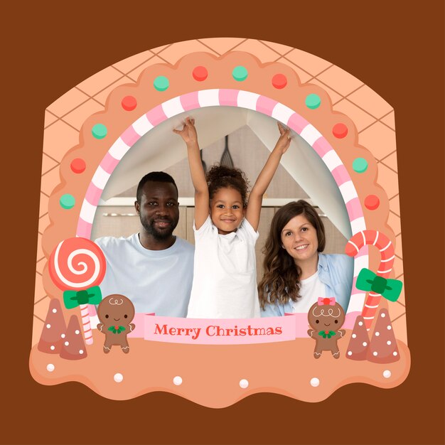 Plantilla de marco de navidad plano dibujado a mano con familia