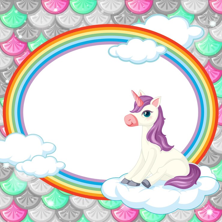 Vector gratuito plantilla de marco ovalado en escamas de peces de colores con personaje de dibujos animados de unicornio