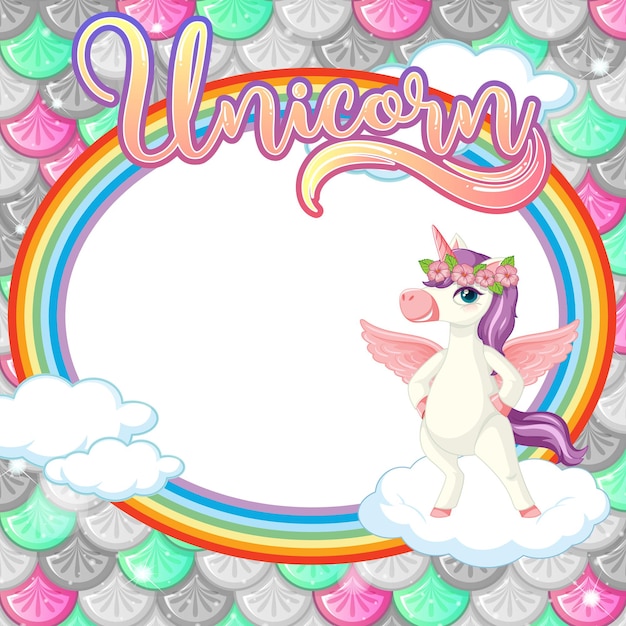 Vector gratuito plantilla de marco ovalado sobre fondo de escamas de peces de colores con personaje de dibujos animados de unicornio