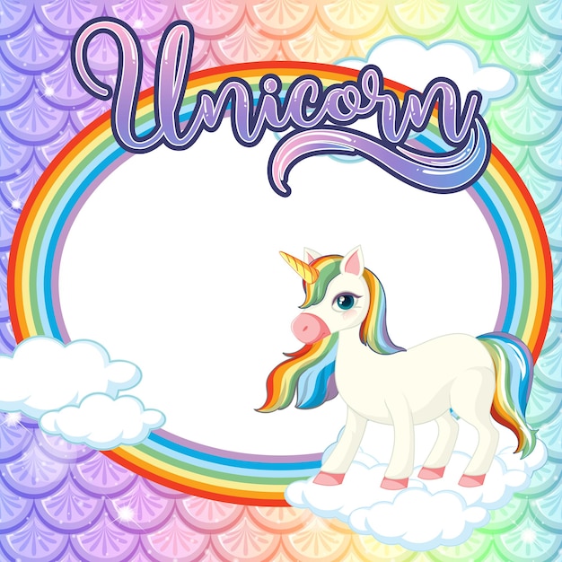 Plantilla de marco ovalado sobre fondo de escamas de pez arco iris con personaje de dibujos animados de unicornio