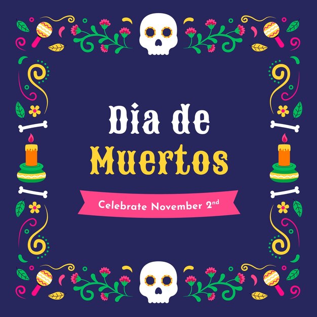 Plantilla de marco plano para celebración de dia de muertos