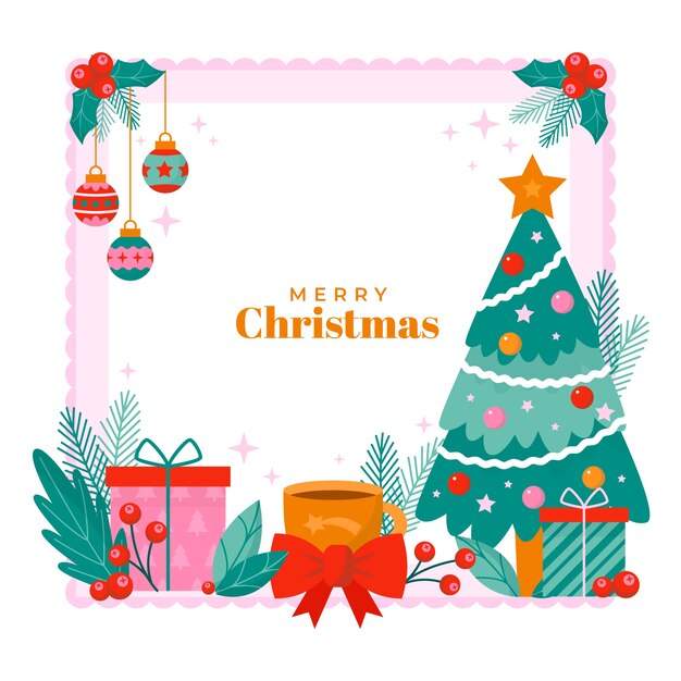 Plantilla de marco plano de navidad con árbol y regalos
