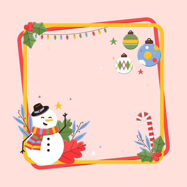 Plantilla de marco plano de temporada navideña con muñeco de nieve