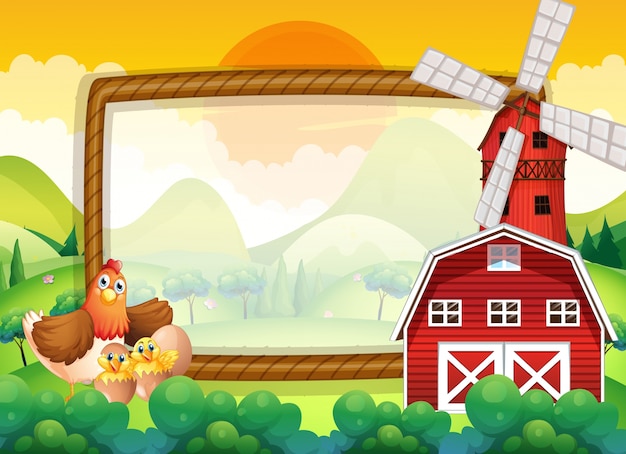 Vector gratuito plantilla de marco con pollos en la granja