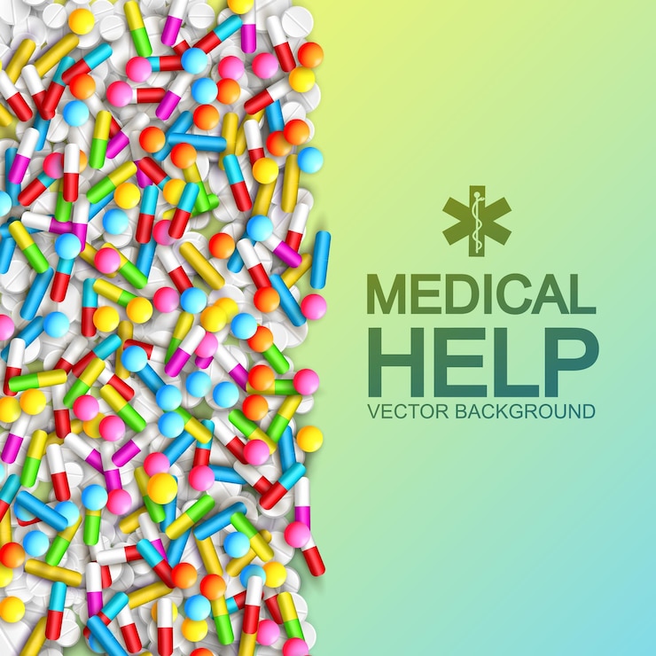 Vector gratuito plantilla de medicamentos y píldoras médicas con texto y medicamentos coloridos en la ilustración de color verde claro